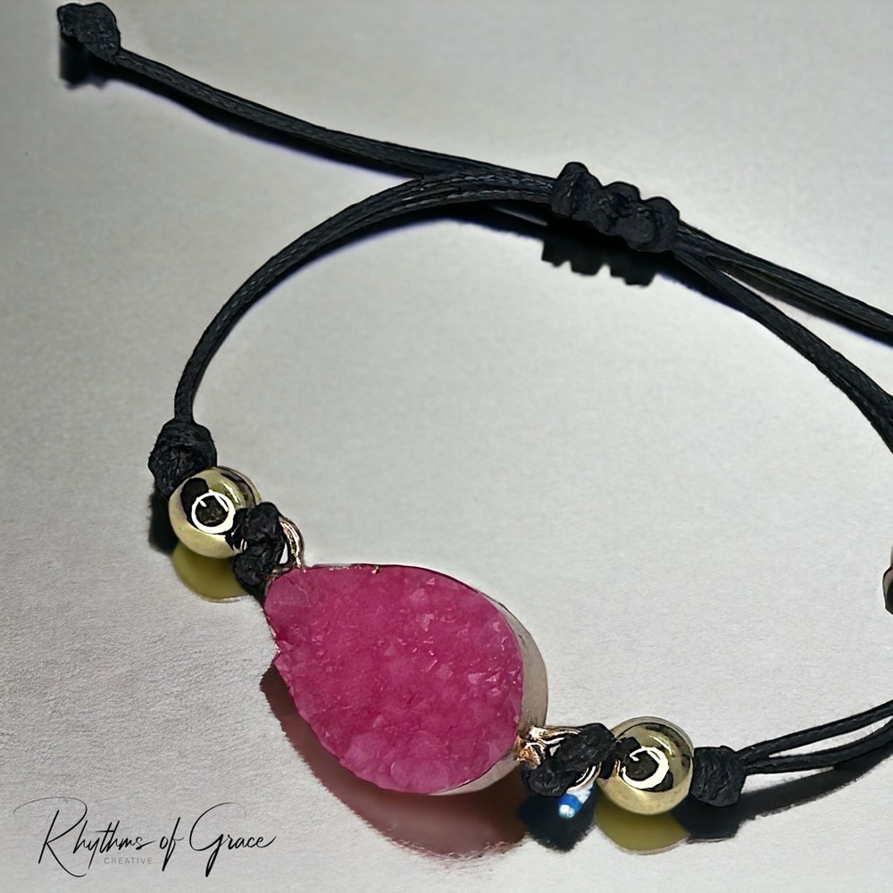 Chic NWT Black Leather Adjustable Bracelet with Dazzling Gold & Pink Charm!